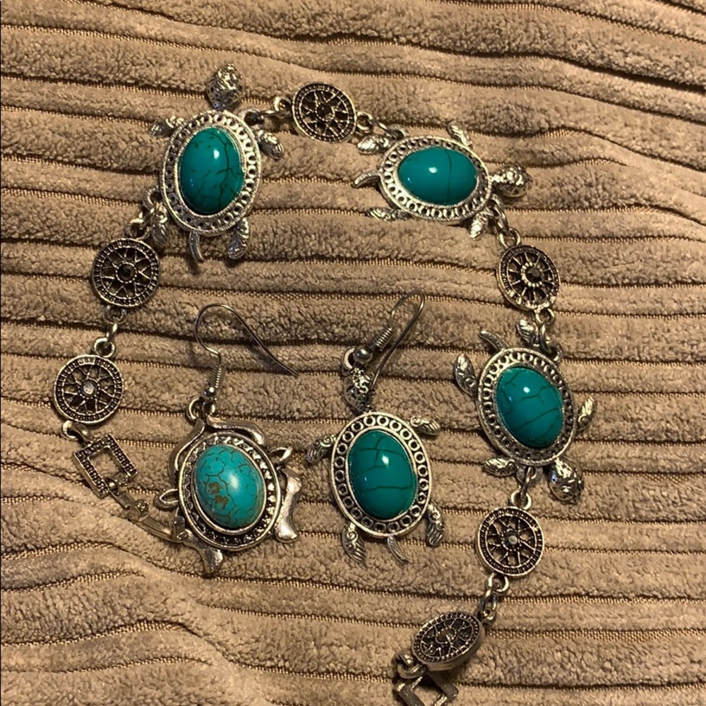 Turquoise and sterling silver turtle set cute